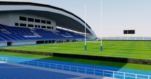 Load image into Gallery viewer, Level5 Stadium in Fukuoka, Japan, home of Avispa Fukuoka, detailed 3D stadium model showing the football arena, exterior architecture, seating bowl and sports complex, created by Genius&Gerry for 3D visualization, broadcast graphics, virtual production, VR, AR and architectural projects.