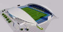 Load image into Gallery viewer, Level5 Stadium in Fukuoka, Japan, home of Avispa Fukuoka, detailed 3D stadium model showing the football arena, exterior architecture, seating bowl and sports complex, created by Genius&Gerry for 3D visualization, broadcast graphics, virtual production, VR, AR and architectural projects.