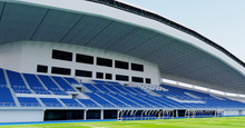Load image into Gallery viewer, Level5 Stadium in Fukuoka, Japan, home of Avispa Fukuoka, detailed 3D stadium model showing the football arena, exterior architecture, seating bowl and sports complex, created by Genius&Gerry for 3D visualization, broadcast graphics, virtual production, VR, AR and architectural projects.