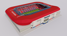 Load image into Gallery viewer, Estadio El Sadar in Pamplona, Spain, home of CA Osasuna, detailed 3D stadium model showing the football arena, exterior architecture, seating bowl and sports complex, created by Genius&Gerry for 3D visualization, broadcast graphics, virtual production, VR, AR and architectural projects.