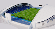 Load image into Gallery viewer, Level5 Stadium in Fukuoka, Japan, home of Avispa Fukuoka, detailed 3D stadium model showing the football arena, exterior architecture, seating bowl and sports complex, created by Genius&amp;Gerry for 3D visualization, broadcast graphics, virtual production, VR, AR and architectural projects.
