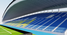 Load image into Gallery viewer, Level5 Stadium in Fukuoka, Japan, home of Avispa Fukuoka, detailed 3D stadium model showing the football arena, exterior architecture, seating bowl and sports complex, created by Genius&amp;Gerry for 3D visualization, broadcast graphics, virtual production, VR, AR and architectural projects.
