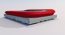 Load image into Gallery viewer, Estadio El Sadar in Pamplona, Spain, home of CA Osasuna, detailed 3D stadium model showing the football arena, exterior architecture, seating bowl and sports complex, created by Genius&amp;Gerry for 3D visualization, broadcast graphics, virtual production, VR, AR and architectural projects.
