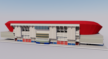 Load image into Gallery viewer, Estadio El Sadar in Pamplona, Spain, home of CA Osasuna, detailed 3D stadium model showing the football arena, exterior architecture, seating bowl and sports complex, created by Genius&amp;Gerry for 3D visualization, broadcast graphics, virtual production, VR, AR and architectural projects.

